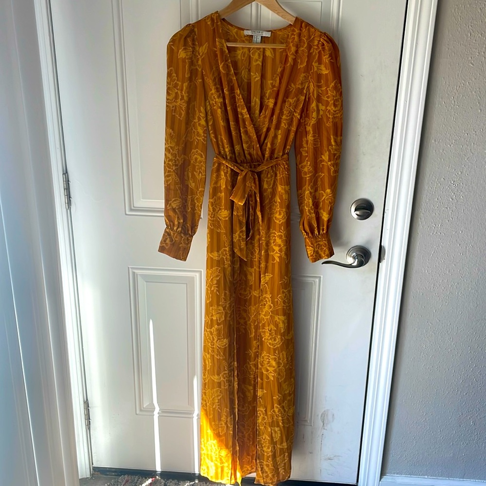 Forever 21 Contemporary Yellow Floral Long Sleeve Evening Dress